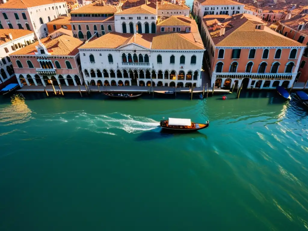 Vista aérea de Venecia al atardecer, con canales, edificios históricos, góndolas y una atmósfera encantadora