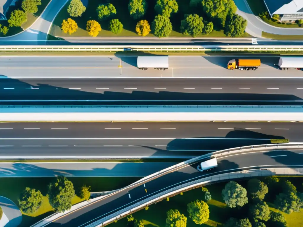 Vista aérea de autopista con camiones transportando cargas peligrosas, resaltando la planificación de itinerarios de transporte