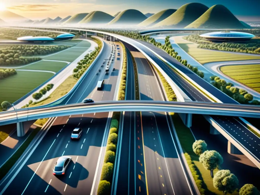 Vista aérea de autopistas futuristas con autos autónomos, paneles solares y gestión de tráfico inteligente