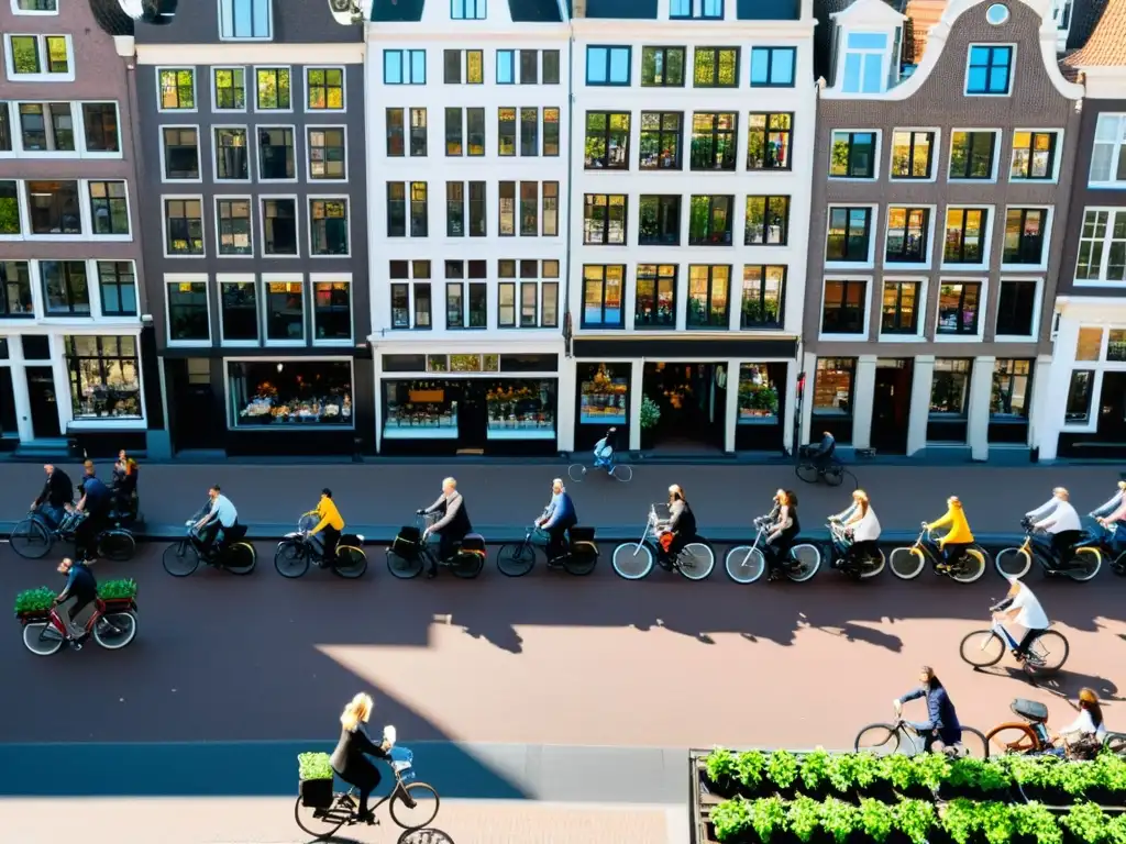 Vista aérea de Amsterdam con bicicletas aparcadas y gente pedaleando