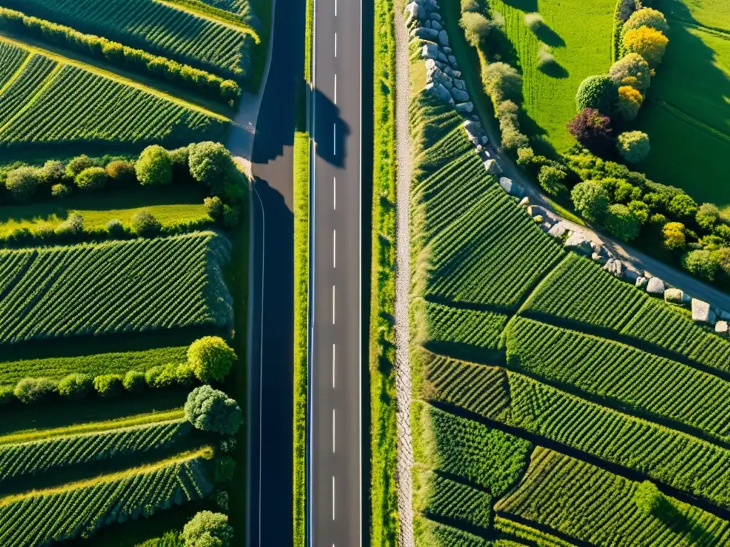 Vista aérea de una bien conservada sección de una ruta romana, resaltando su pauta de adoquines y el paisaje circundante