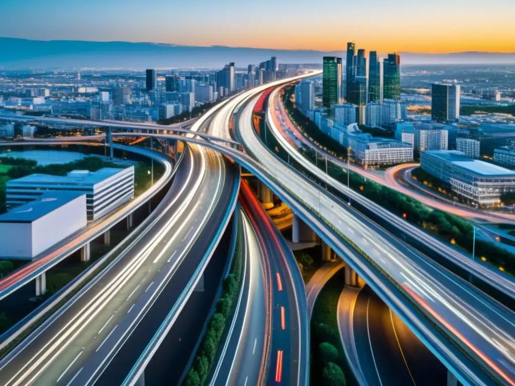 Vista aérea de una bulliciosa autopista de una ciudad durante la hora pico, con carreteras inteligentes y vehículos modernos