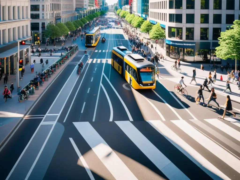 Vista aérea de una bulliciosa calle de la ciudad con personas, ciclistas y transporte público, mostrando soluciones integradas para movilidad