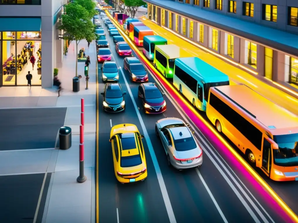 Vista aérea de una bulliciosa calle de la ciudad con autos de ride sharing alineados en la acera