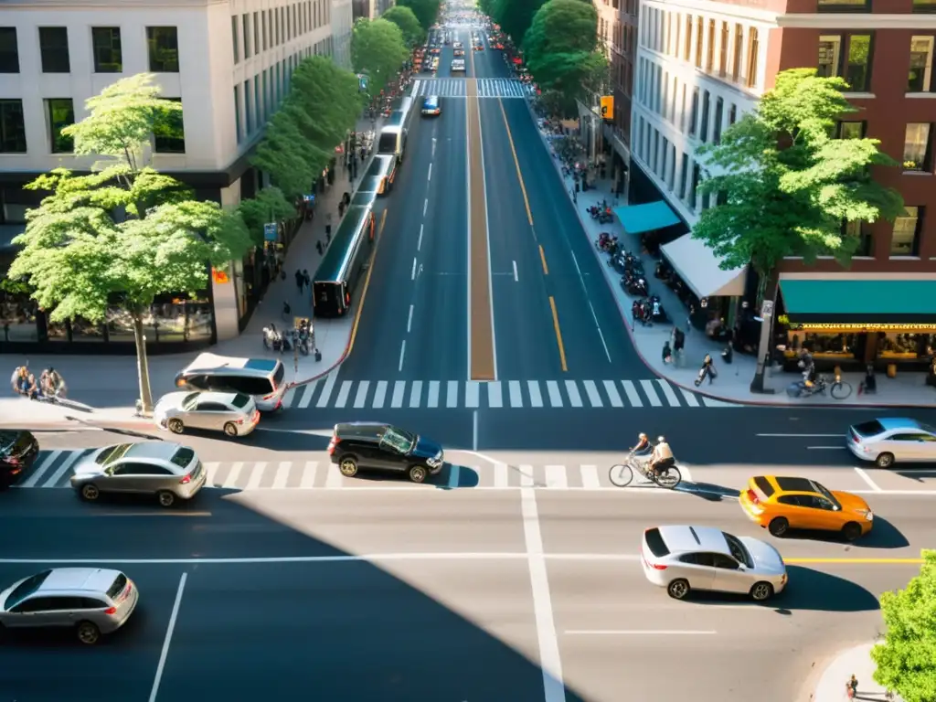 Vista aérea de una bulliciosa calle de la ciudad con tráfico de autos, bicicletas y peatones