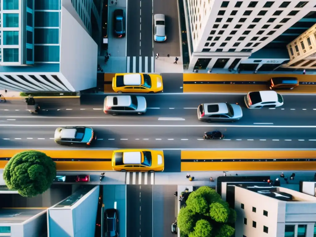 Vista aérea de una bulliciosa calle de la ciudad con taxis tradicionales, Uber, Cabify y otras opciones de transporte privado