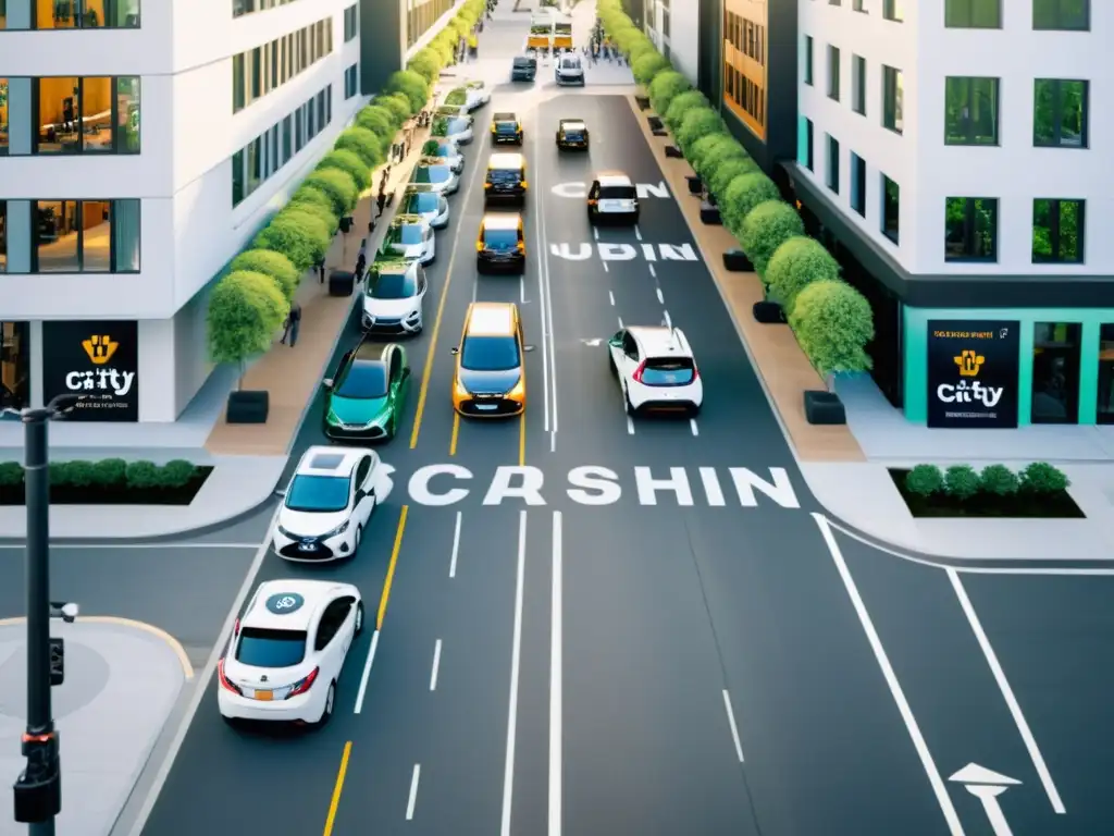 Vista aérea de una bulliciosa calle de la ciudad con vehículos de car sharing y personas usando estrategias publicidad plataformas car sharing