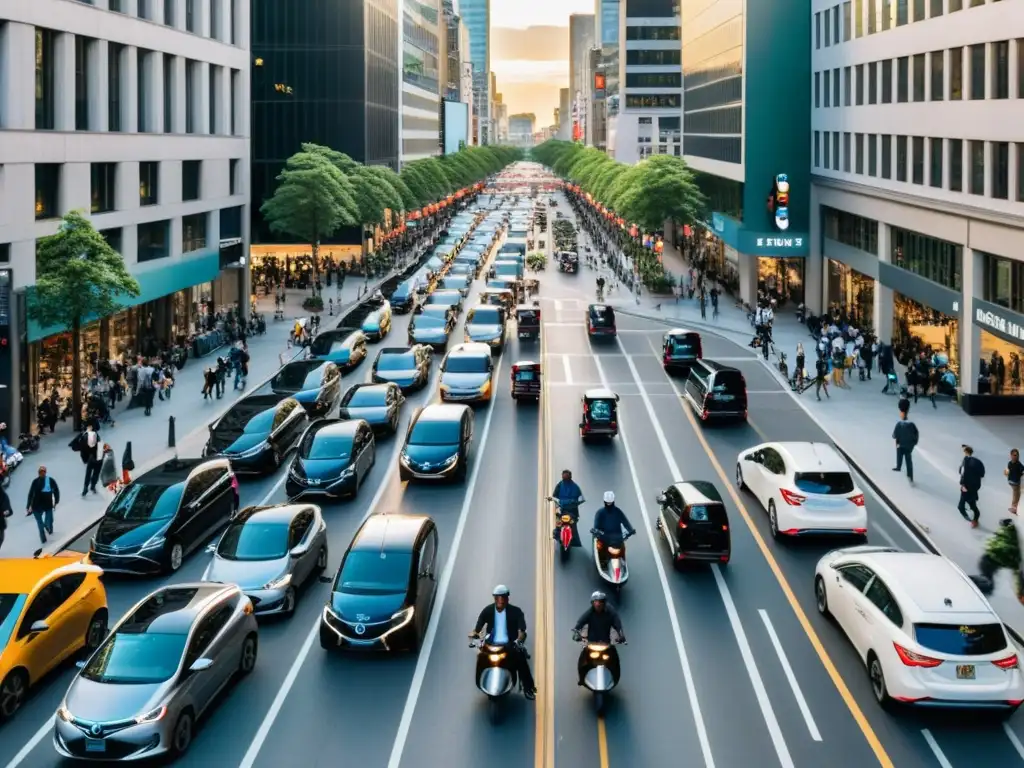 'Vista aérea de una bulliciosa calle de la ciudad con opciones de movilidad urbana innovadoras como scooters eléctricos, bicicletas y autos compartidos, junto a peatones, en un ambiente dinámico