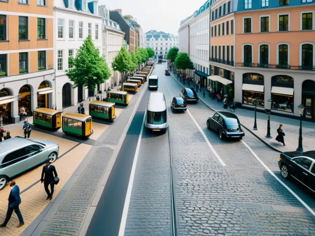 Vista aérea de una bulliciosa calle de la ciudad con evolución de medios de transporte, desde carruajes hasta vehículos eléctricos modernos, mostrando innovaciones tecnológicas en movilidad urbana