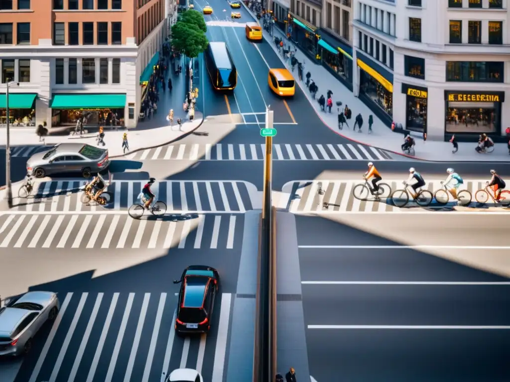 Vista aérea de una bulliciosa calle urbana con ciclistas, peatones y una mezcla de vehículos eléctricos y tradicionales