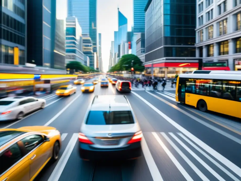 Vista aérea de una bulliciosa calle de la ciudad con tráfico y peatones borrosos