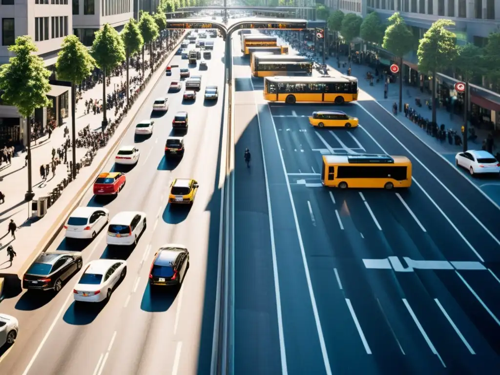 Vista aérea de una bulliciosa calle de la ciudad, resaltando la complejidad del transporte urbano y el impacto del Big Data en Apps de Transporte