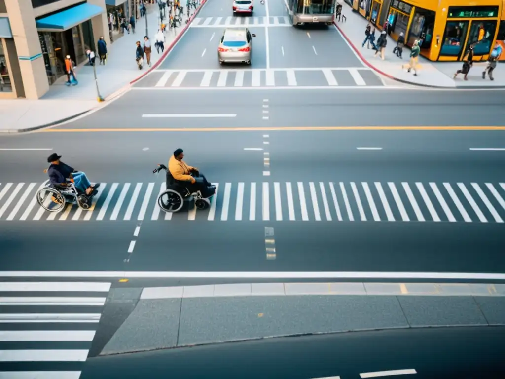 Vista aérea de una bulliciosa calle de la ciudad, mostrando diversidad de personas y movilidad universal en el transporte