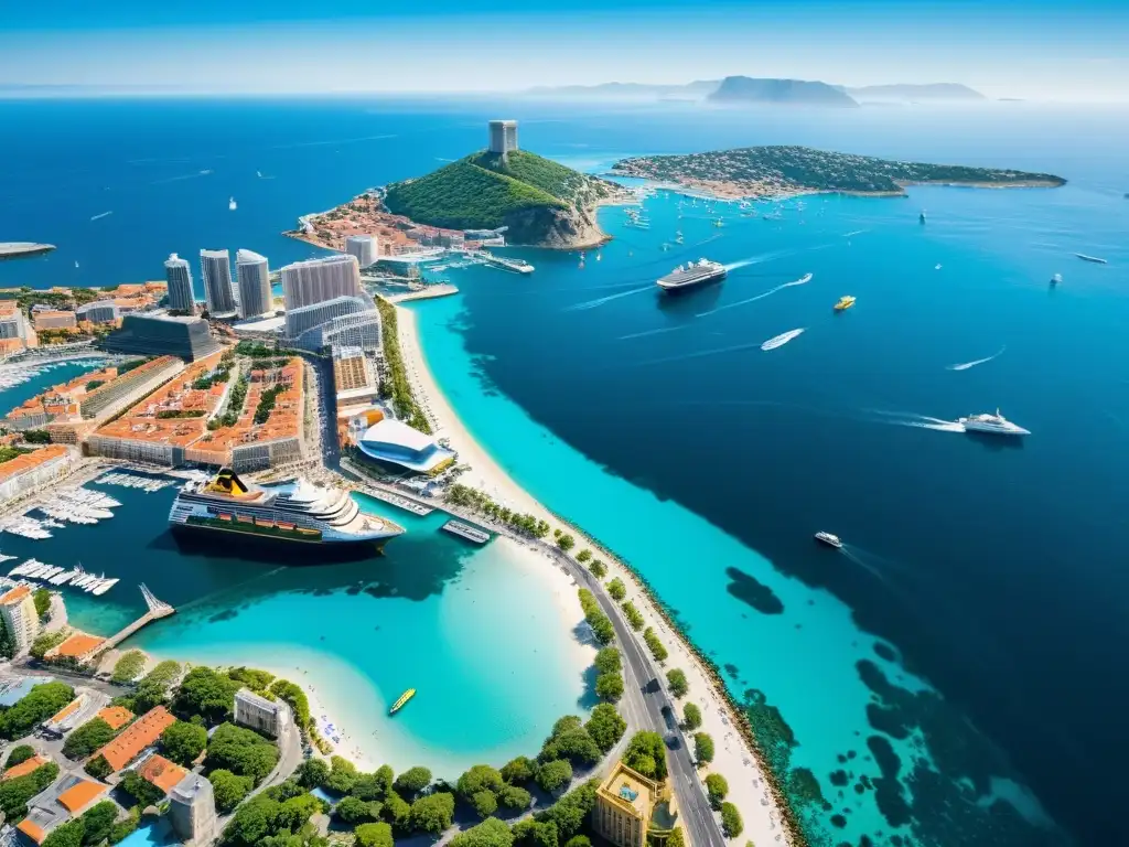 Vista aérea de una bulliciosa ciudad costera con aguas azules y un vibrante paisaje urbano