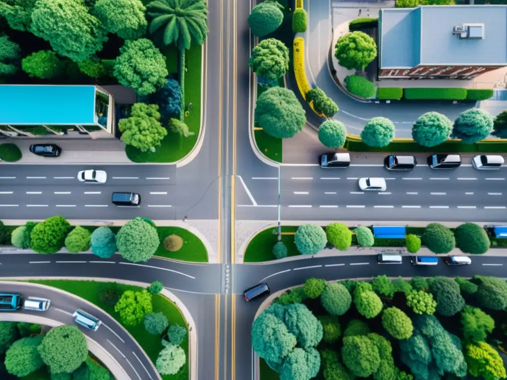 Vista aérea de una bulliciosa ciudad con vehículos, peatones, naturaleza y cielo azul, transmitiendo la idea de seguridad vial y sostenibilidad