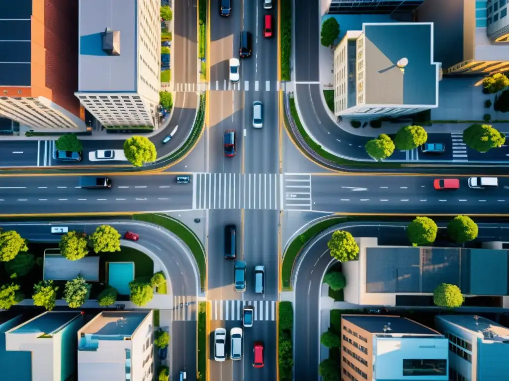 Vista aérea de una bulliciosa intersección en una ciudad, resaltando la compleja red vial y la interacción entre vehículos y peatones