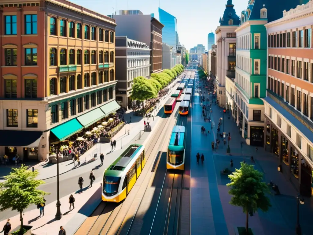 Vista aérea de bulliciosa ciudad con tranvías coloridos integrados entre edificios históricos y personas caminando, iluminada por cálida luz solar