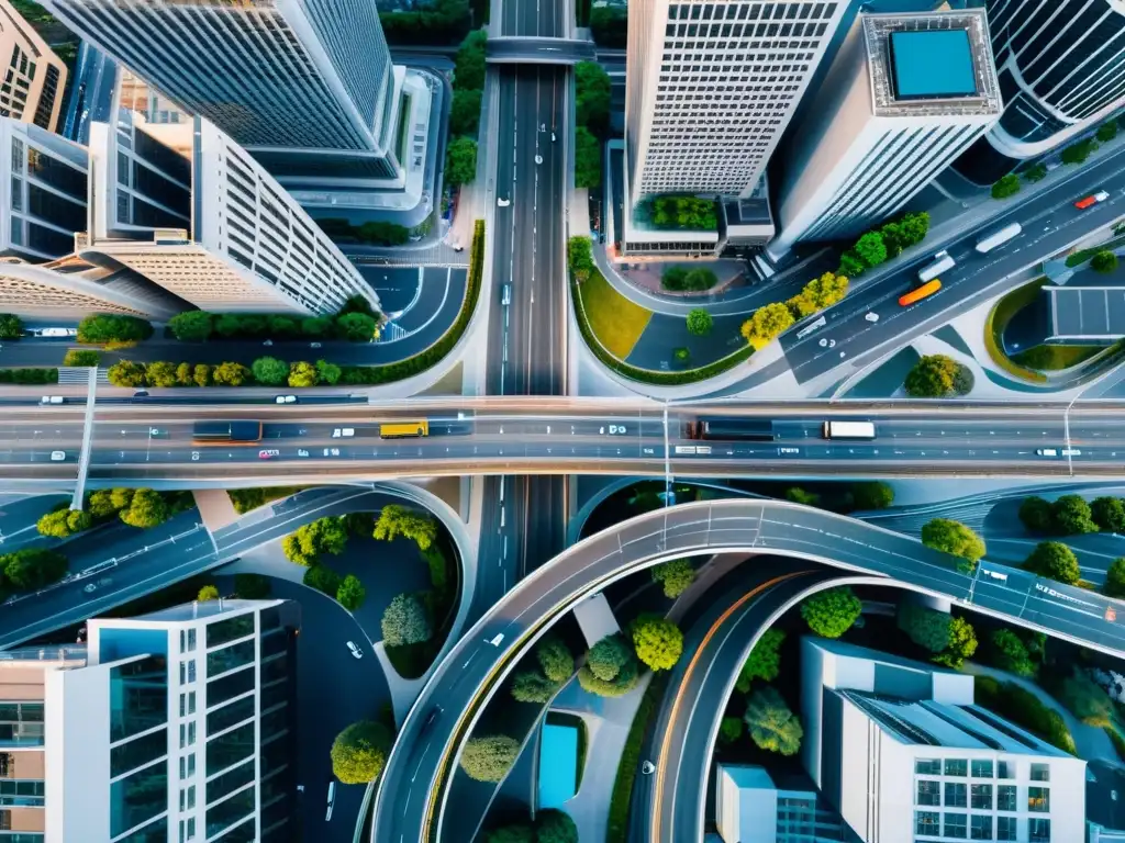 Vista aérea de una bulliciosa intersección urbana con modernos rascacielos y redes viales, destacando la integración de sistemas de transporte público