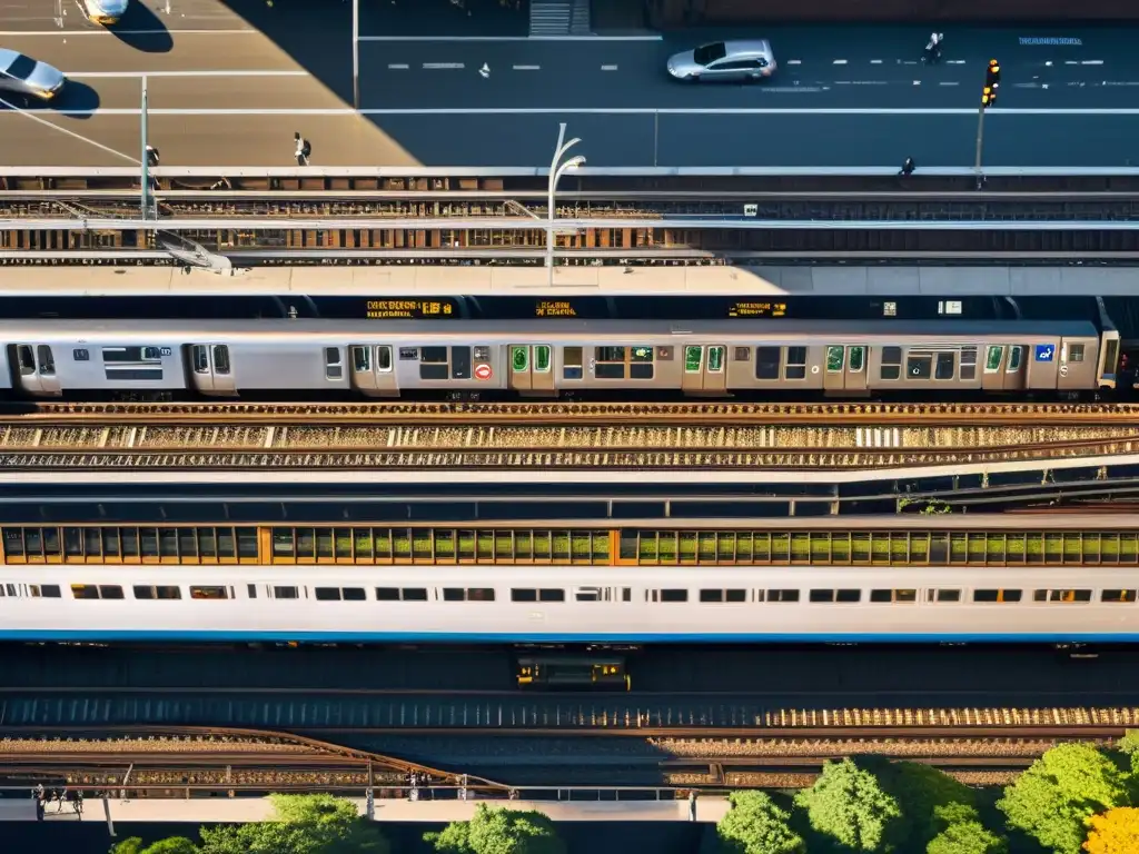 Vista aérea de las bulliciosas estaciones y líneas del metro de Nueva York, destacando la eficiencia del transporte público en la ciudad