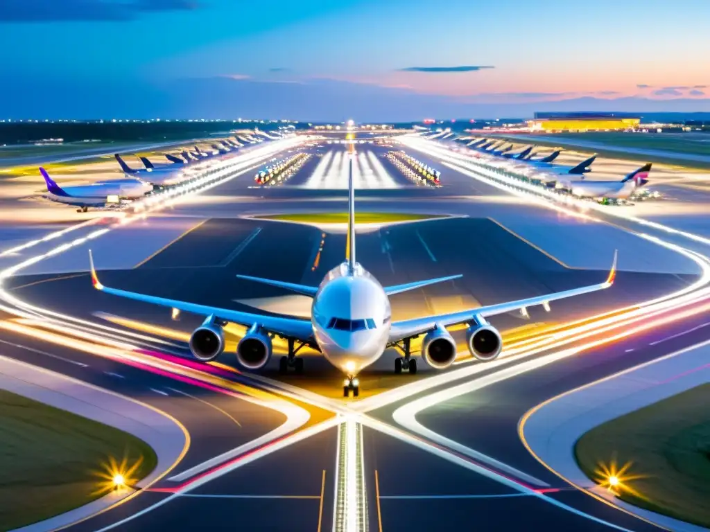 Vista aérea de un bullicioso aeropuerto con aviones en movimiento y una torre de control iluminada