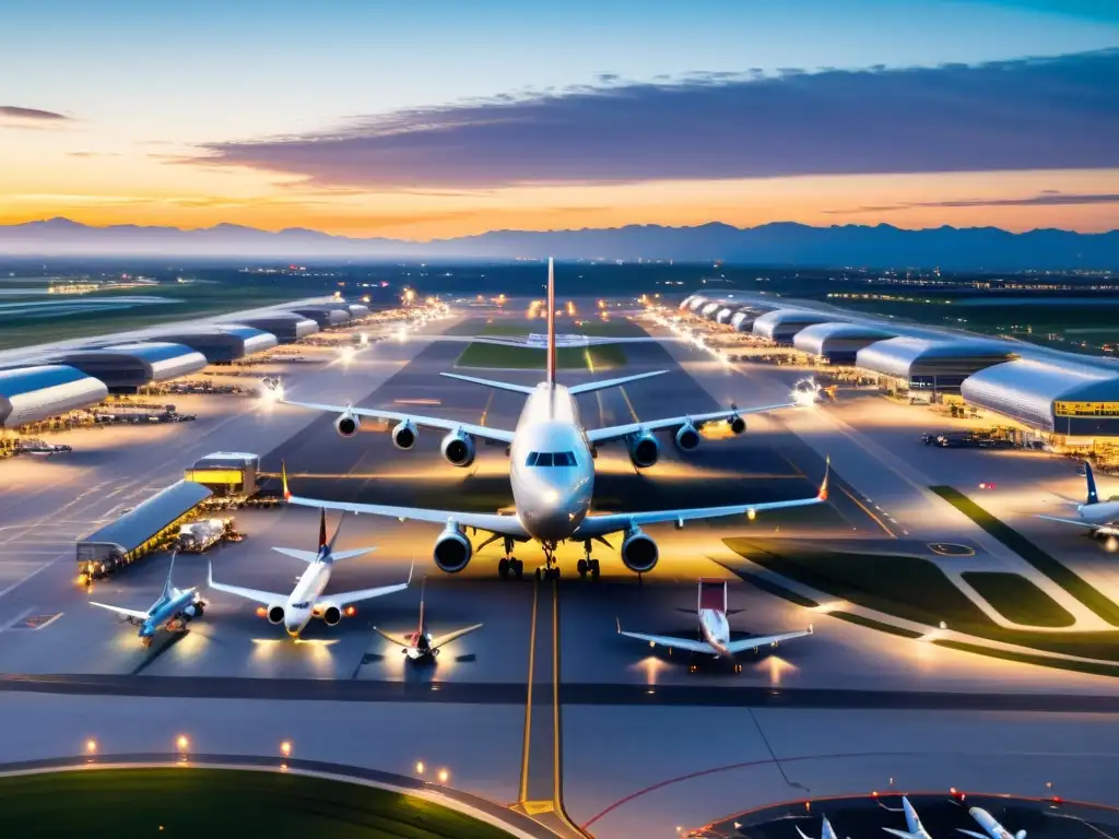 Vista aérea de un bullicioso aeropuerto al anochecer, con aviones en pistas y torres de control