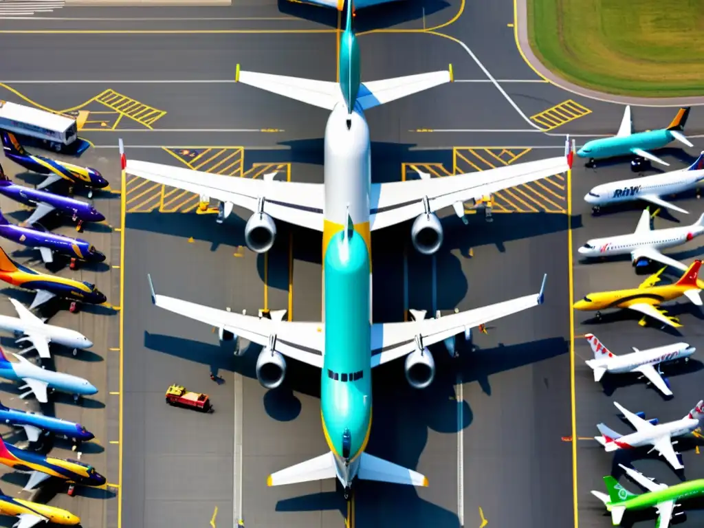 Vista aérea de un bullicioso aeropuerto con aerolíneas de bajo coste impacto, mostrando aviones y actividad en la pista