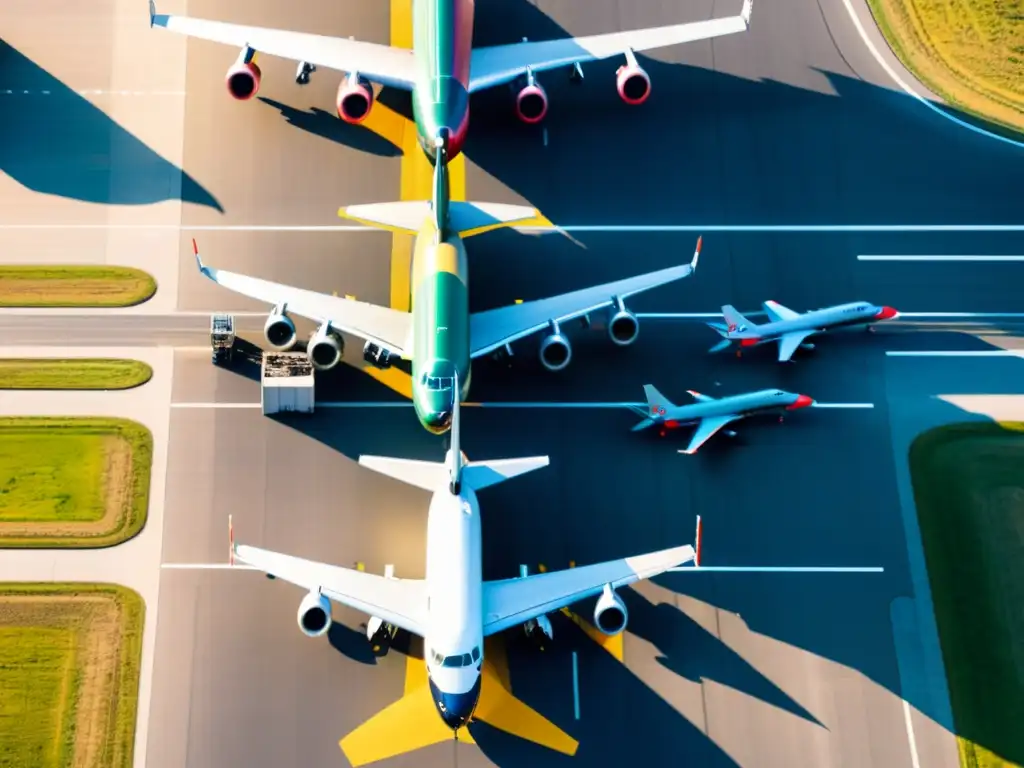 Vista aérea de un bullicioso aeropuerto con aviones en pista, mostrando la gestión del tráfico aéreo con STI en un caos organizado