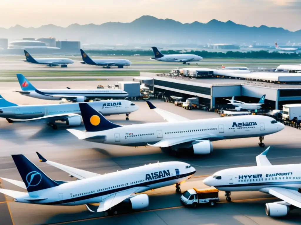 Vista aérea de un bullicioso aeropuerto en una gran ciudad asiática, con aviones comerciales y vehículos de apoyo en la pista