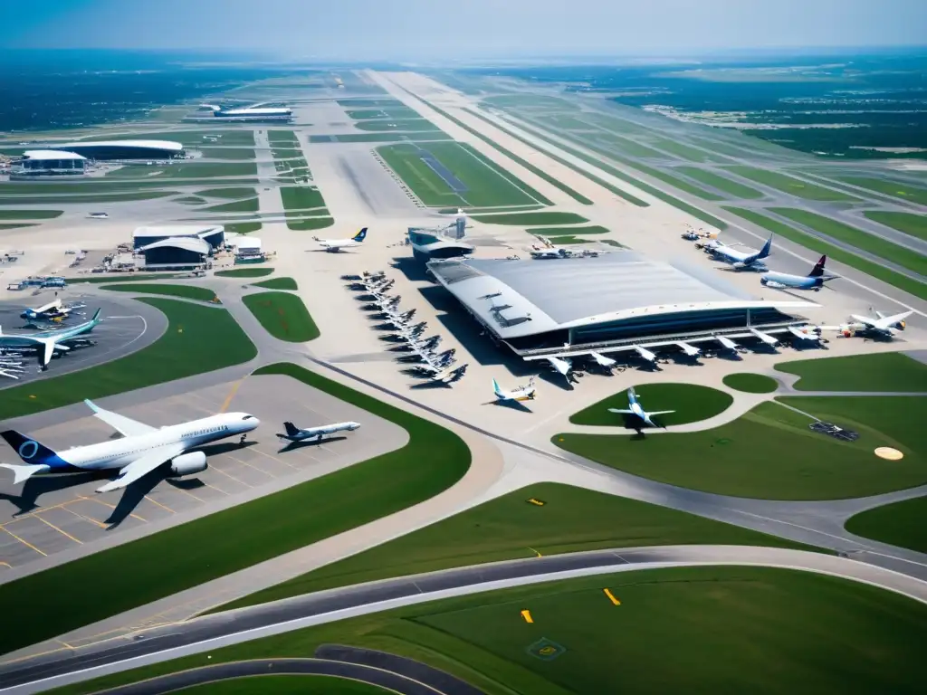 Vista aérea de un bullicioso aeropuerto con aviones despegando, aterrizando y moviéndose en pistas y terminales