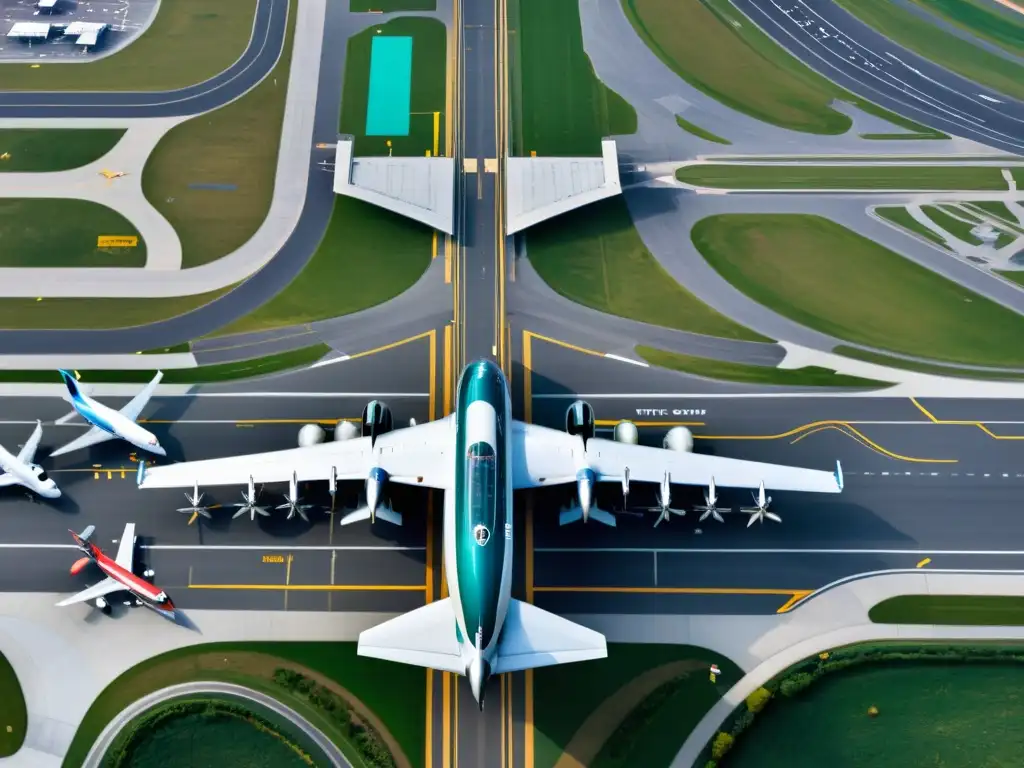 Vista aérea de un bullicioso aeropuerto internacional con efectos tratado cielos abiertos aviación: aviones, pistas, terminales y personal aeroportuario