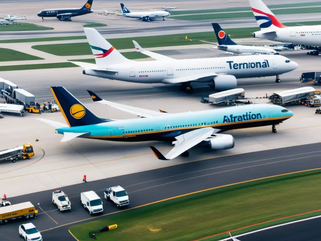 Vista aérea de un bullicioso aeropuerto internacional con aviones de diferentes tamaños y colores en las pistas