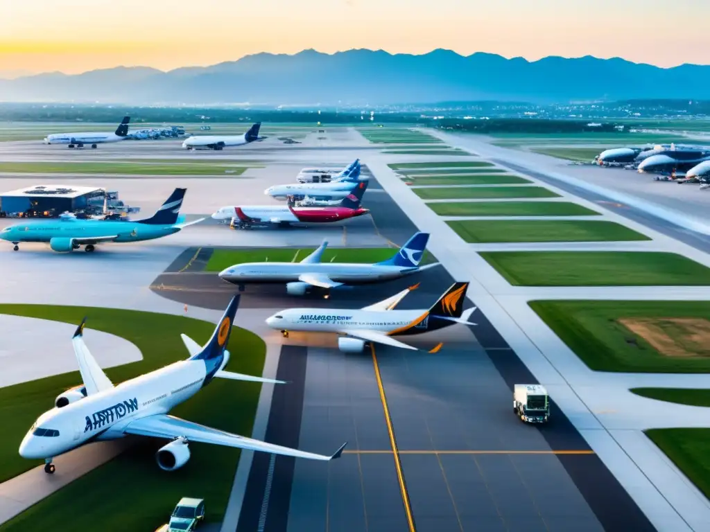 Vista aérea de un bullicioso aeropuerto con aviones y personal en movimiento, destacando los efectos tratados cielos abiertos aviación