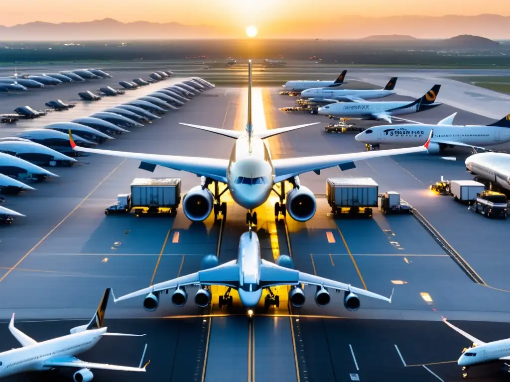 Vista aérea de un bullicioso aeropuerto internacional con aviones despegando y aterrizando, operaciones terrestres y el atardecer, mostrando los efectos tratado cielos abiertos aviación