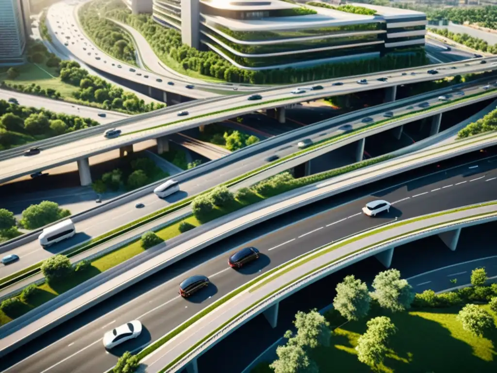 Vista aérea de un bullicioso intercambio de autopistas, integrado a la evolución de la infraestructura vial urbana, rodeado de exuberante vegetación