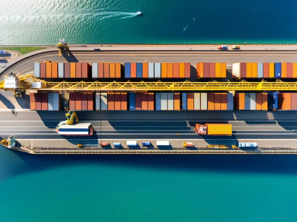 Vista aérea de un bullicioso puerto internacional con barcos y regulaciones transporte internacional OMC