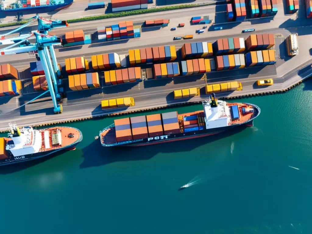 Vista aérea de un bullicioso puerto internacional, con barcos de carga y banderas, grúas y vehículos moviendo contenedores