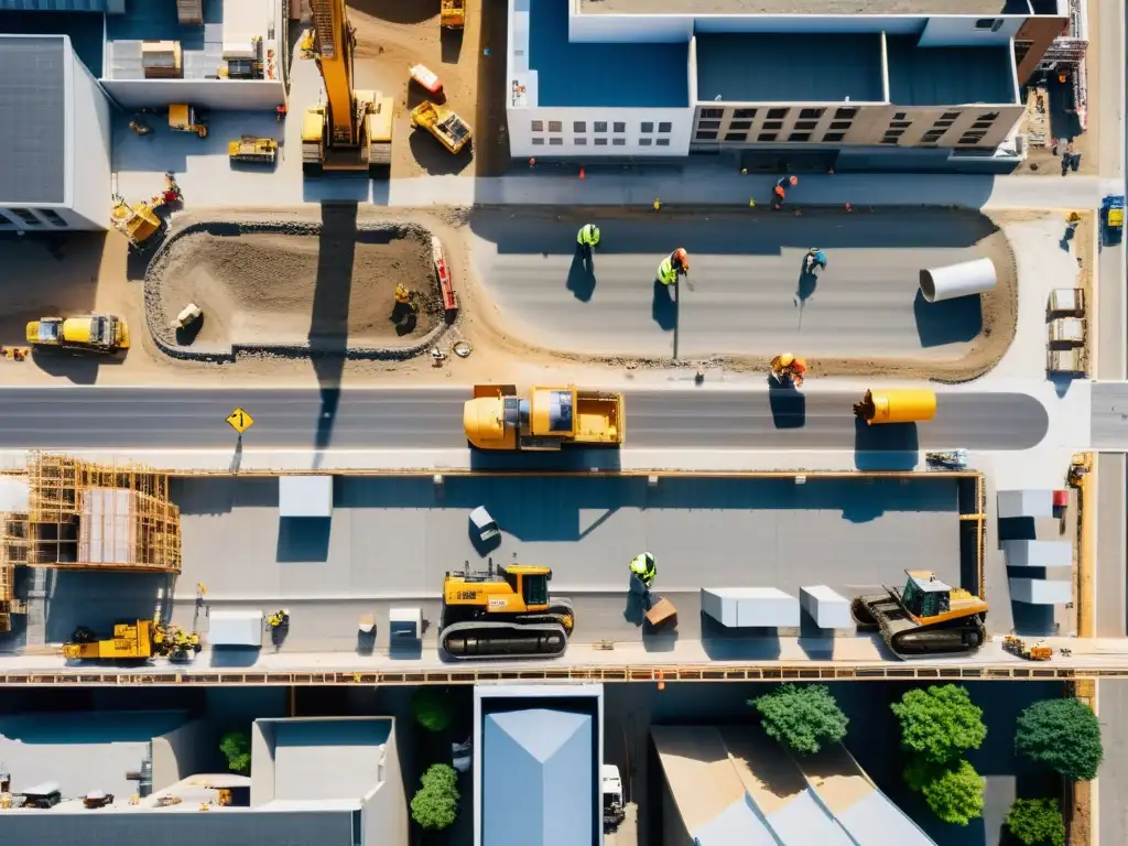 Vista aérea de un bullicioso sitio de construcción urbana, mostrando la integración de drones en planificación urbana y construcción