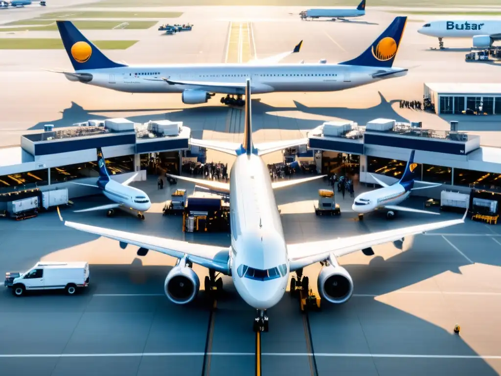 Vista aérea de un bullicioso terminal de aeropuerto internacional con aviones, pasajeros abordando y personal ocupado en equipaje y reabastecimiento