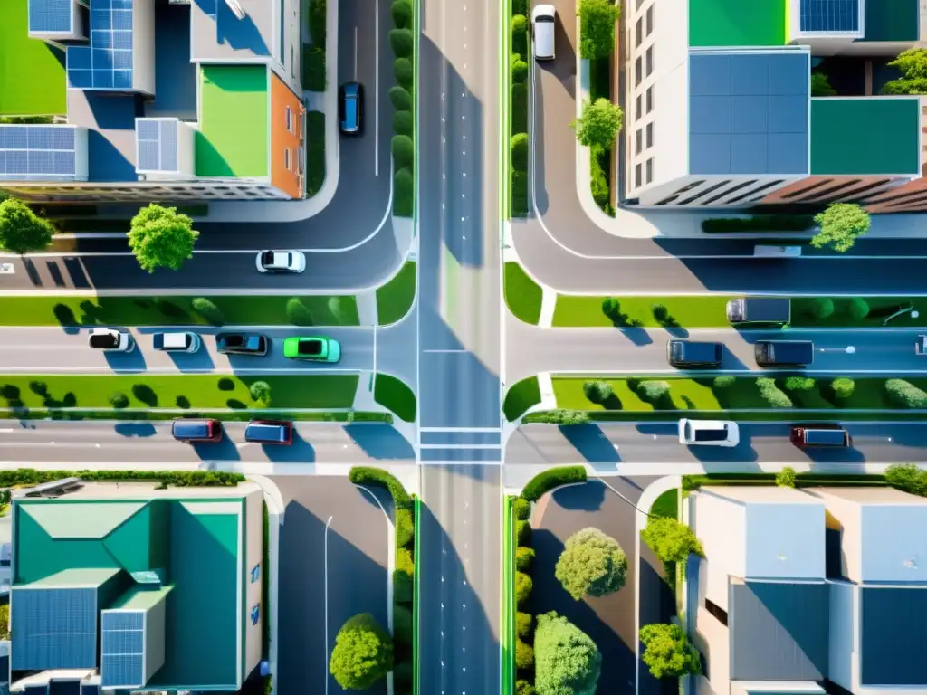 Vista aérea de una calle de la ciudad llena de vehículos eléctricos en redes inteligentes, integrados armoniosamente en el paisaje urbano