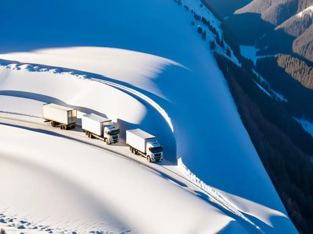 Vista aérea de camiones refrigerados en ruta a través de paisaje montañoso nevado al amanecer, optimización de rutas de transporte