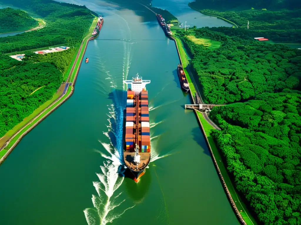 Vista aérea del Canal de Panamá con un barco pasando por las esclusas, rodeado de exuberante vegetación