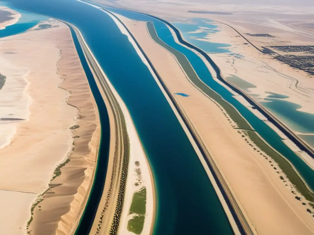 Vista aérea del Canal de Suez ruta comercial con barcos en el desierto árido y aguas azules, destacando su inmensidad