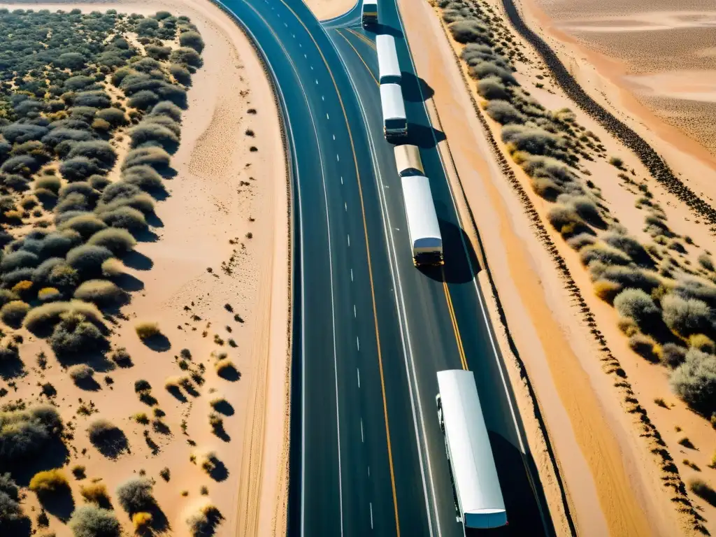 Vista aérea de una carretera en el desierto con camiones de carga en fila, resaltando la importancia de las apps de navegación para camioneros