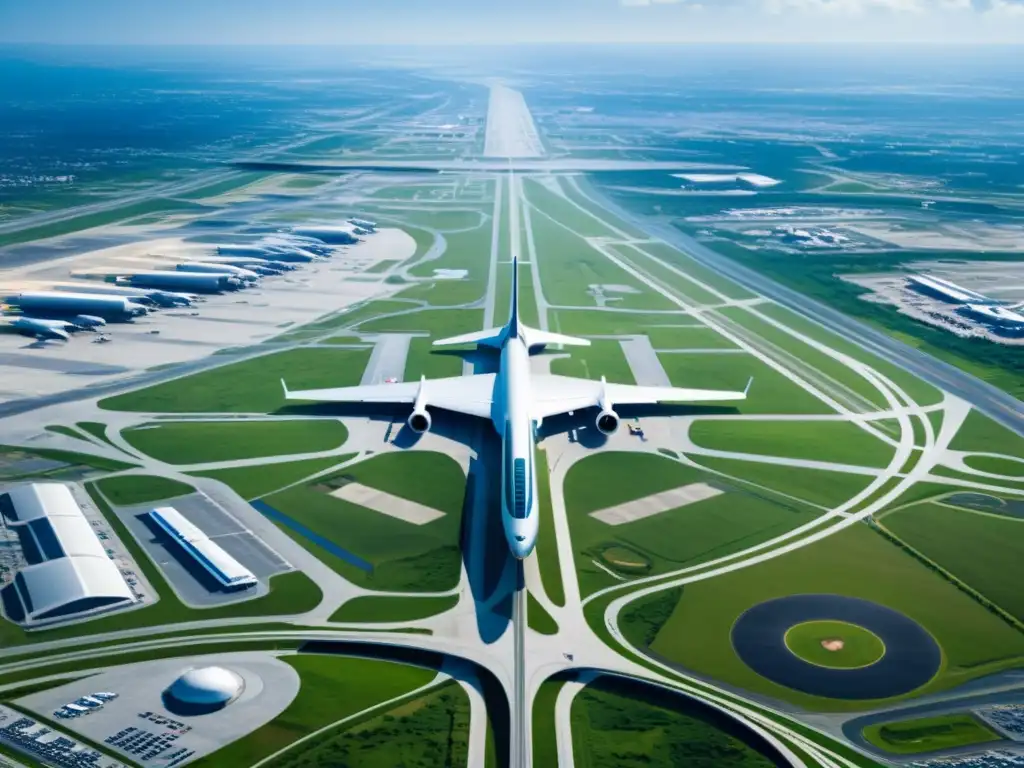 Vista aérea de una ciudad con un aeropuerto destacado en las afueras, mostrando el impacto de la ubicación del aeropuerto en el desarrollo urbano