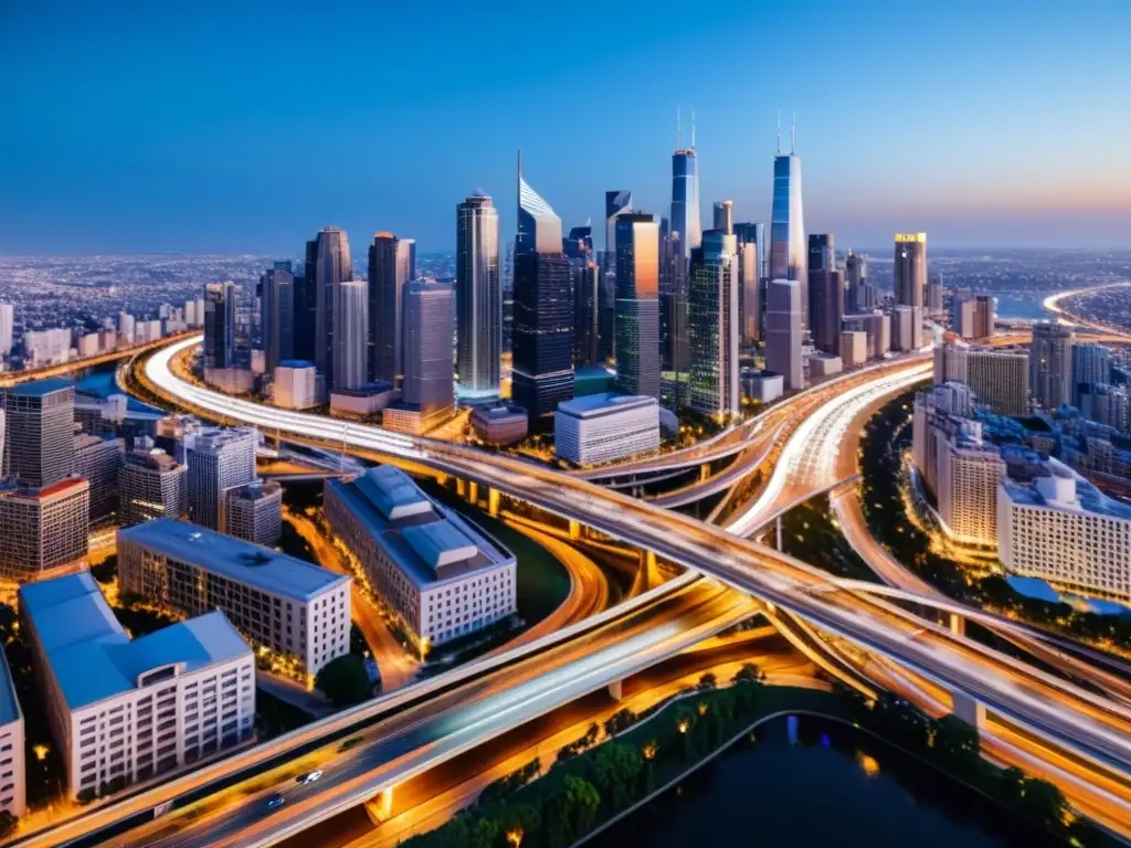 Vista aérea de una ciudad ajetreada con carreteras y rascacielos iluminados, simbolizando el impacto del transporte digital en la sociedad