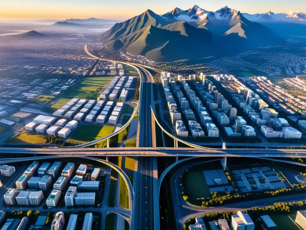 Vista aérea de una ciudad al atardecer con efectos de luz dorada, resaltando la revolucionada fotografía aérea con drones