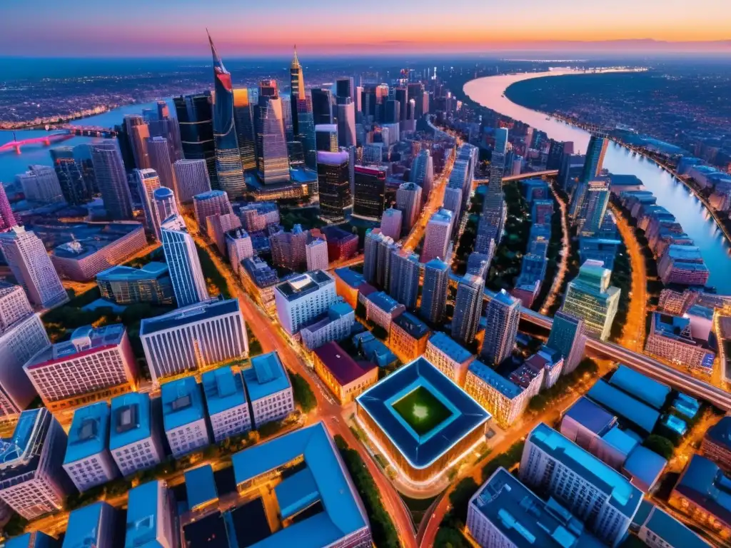 Vista aérea de la ciudad al atardecer con luces brillantes y río serpenteante