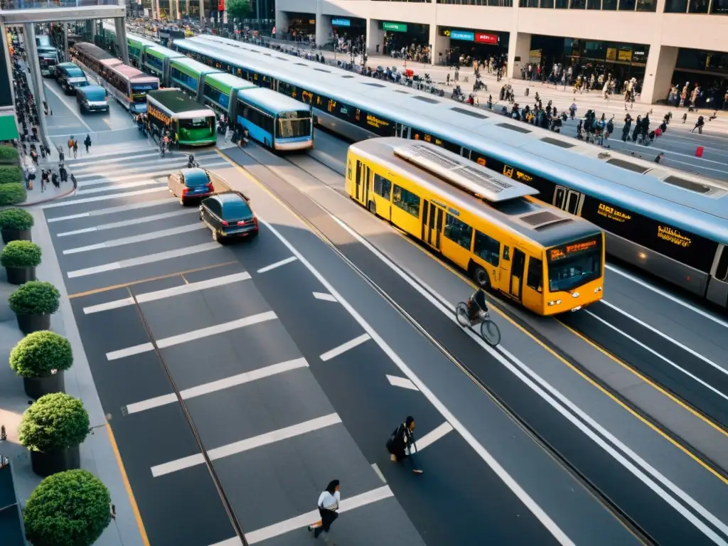 Una vista aérea de una ciudad bulliciosa con diversos modos de transporte en acción, como autos, buses, bicicletas y peatones