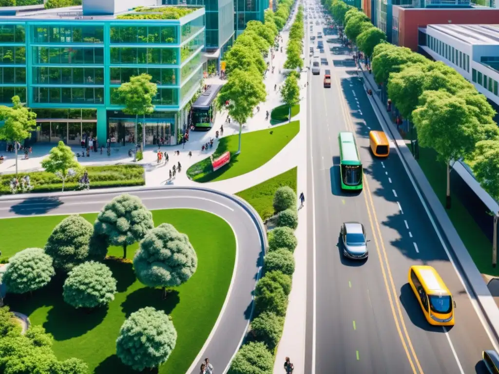 Vista aérea de una ciudad bulliciosa con transporte ecoamigable: autobuses eléctricos, ciclistas en carriles exclusivos y peatones en aceras arboladas