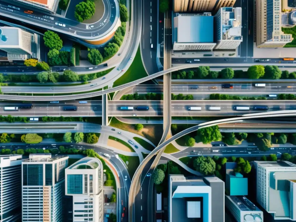 Vista aérea de una ciudad bulliciosa con una red de transporte compleja y modernos rascacielos